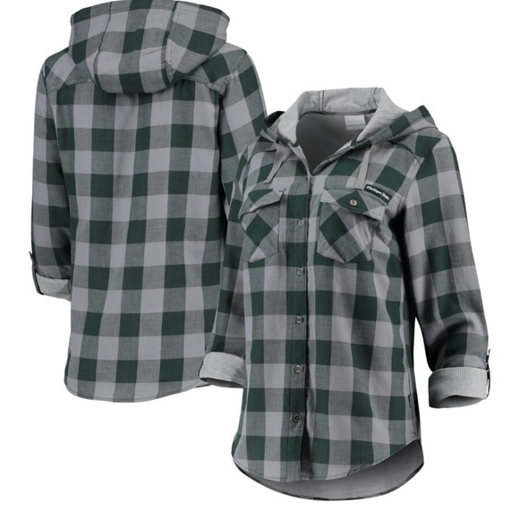 Columbia Tops - Columbia Green Michigan State Spartans Women’s M Hooded Long Sleeve Plaid Shirt